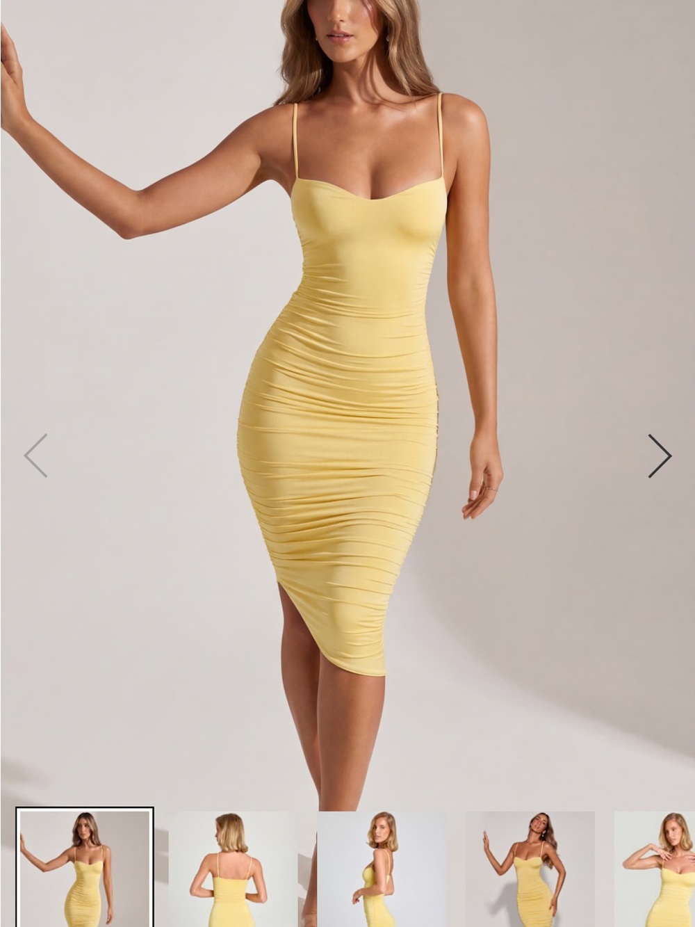 Oh Polly Yellow Ruched Bodycon Midi Dress